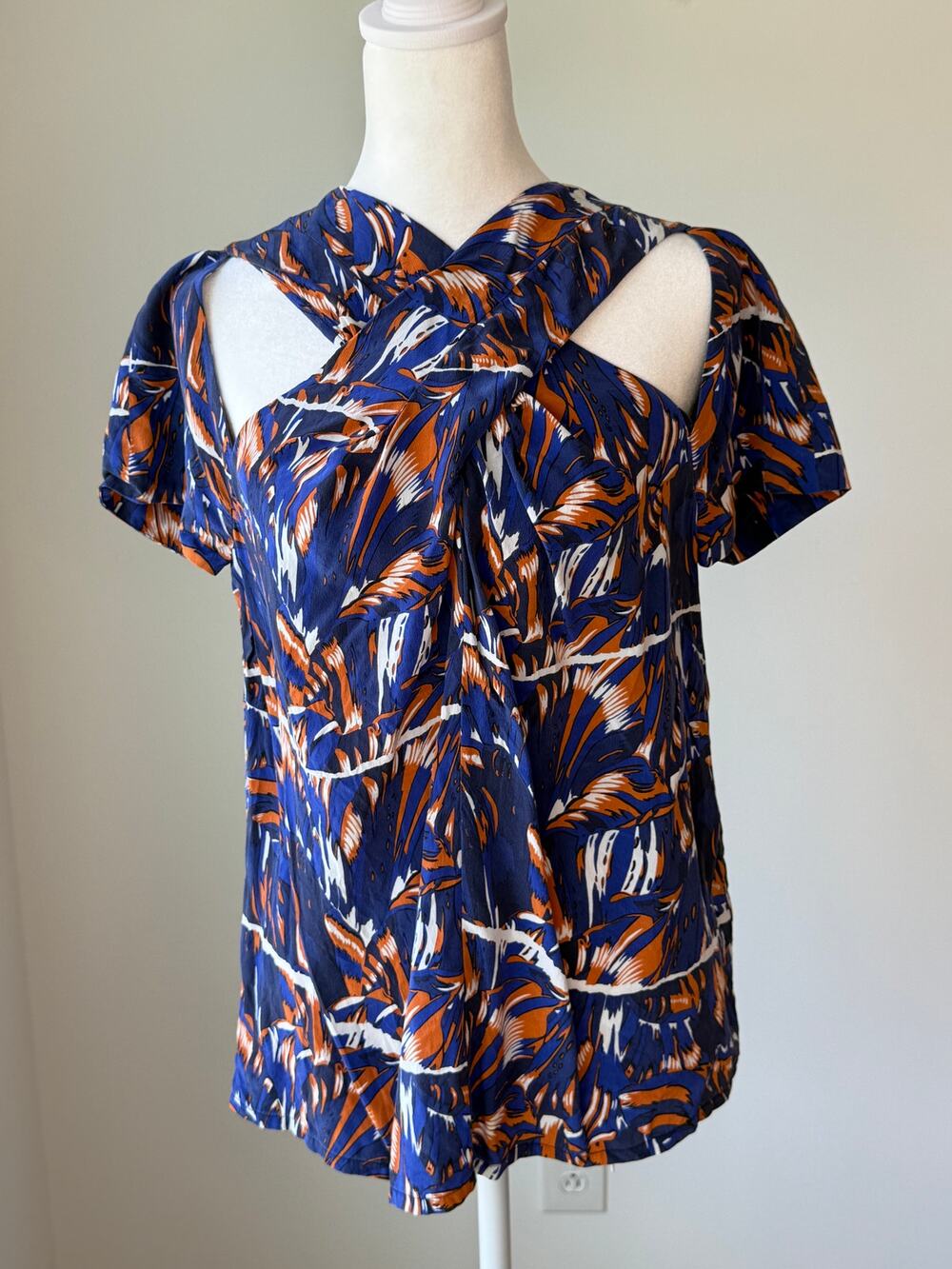 Kenzo 100% Silk Abstract Print Cutout Draped Blouse Blue Orange